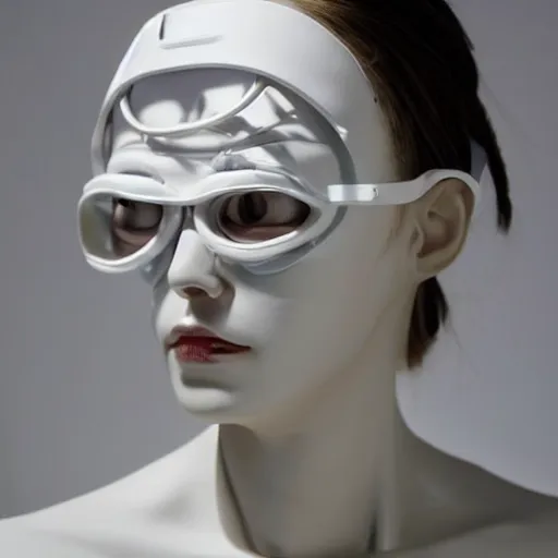 Prompt: full head and shoulders, beautiful female porcelain sculpture with lots of white 3 d cyborg elements, white prosthetics, 3 d goggles, smooth, all white features on a white background, delicate facial features, white eyes, white lashes, detailed white liquid, anatomical by daniel arsham and james jean