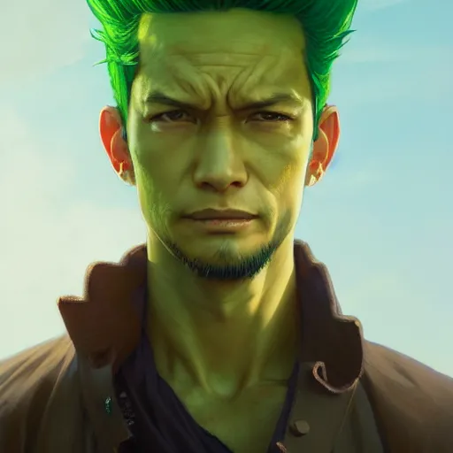 Prompt: highly detailed vfx portrait of roronoa zoro, stephen bliss, greg rutkowski, loish, rhads, beeple, makoto shinkai, tom bagshaw, alphonse mucha, sharp focus, art by artgerm and greg rutkowski, green hair, backlit, harsh overhead sunlight,