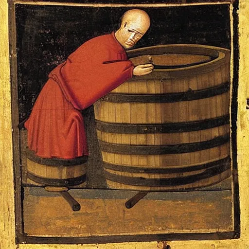 Prompt: medieval painting of a monk drinking wine next to a barrel, in the style of da Vinci