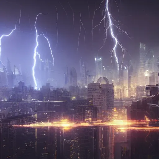 Image similar to cityscape during a lightning storm, futuristic, 8k, ray tracing, volumetric lighting, james verbicky, professional, concept art, artstation hd, trending on social media,