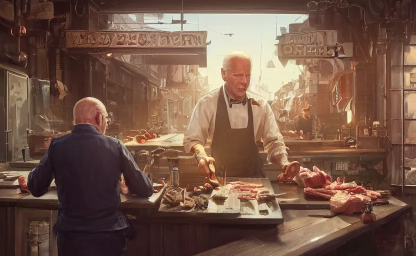 Image similar to highly detailed image of joe biden as a butcher, in gta v, stephen bliss, unreal engine, fantasy art by greg rutkowski, loish, rhads, ferdinand knab, makoto shinkai and lois van baarle, ilya kuvshinov, rossdraws, tom bagshaw, global illumination, radiant light, detailed and intricate environment