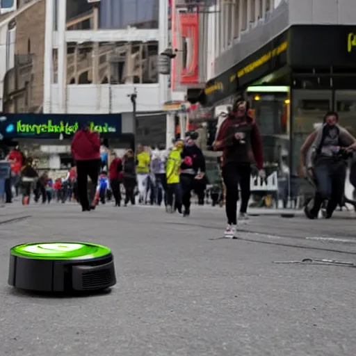 Image similar to roomba attacks the city, people running from roomba, buildings on fire