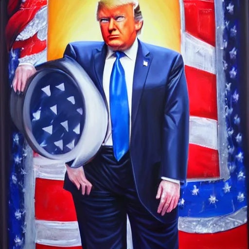 Image similar to perfect, realistic oil painting of Donald Trump, by Sakimichan, by an American professional senior artist, Hollywood concept, dynamic composition and motion, postproduction.