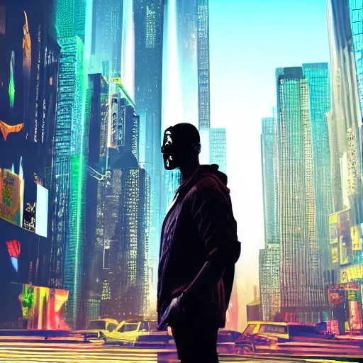 Image similar to An illustration of a cyberpunk world in New york, photorealistic, there's a man standing in front of new york, 8k, digital art