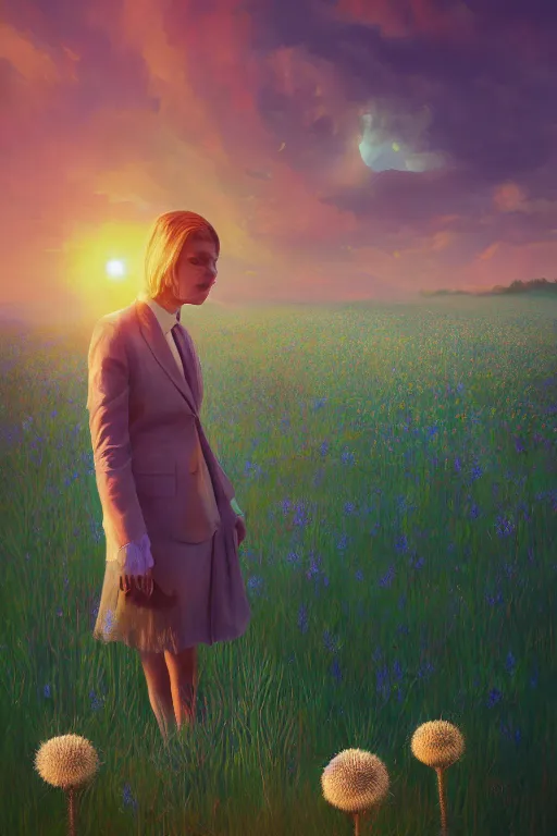 Image similar to portrait, enormous thistle flower under the head, a girl in a suit in field of flowers, surreal photography, sunrise, blue sky, dramatic light, impressionist painting, digital painting, artstation, simon stalenhag