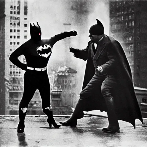 Image similar to old black and white photo, 1 9 2 5, depicting batman fighting a al capone in an ally of new york city, rule of thirds, historical record