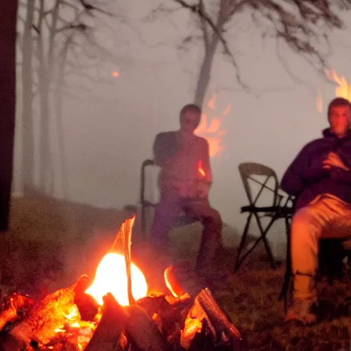 Prompt: a chair burning in a campfire, its night and in the background there is scientist watching blurry by the camera