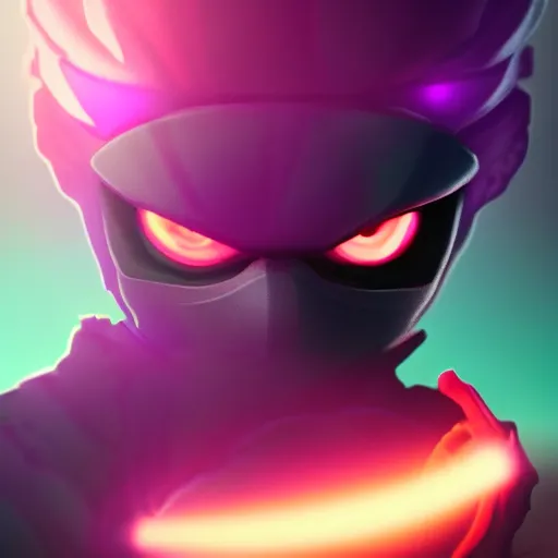 Image similar to ninja surrounded by purple aura, glowing red eyes, full body shot, menacing, stylized, octane render, artstation, digital art, digital painting, devian art