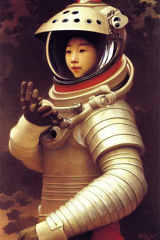 Image similar to portrait of a astronaut is a chinese dragon in armor and helmet, majestic, solemn, by bouguereau