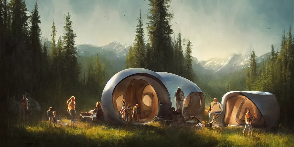 Prompt: cabela's tent futuristic pop up family pod, cabin, modular, person in foreground, mountainous forested wilderness open fields, beautiful views, painterly concept art, joanna gaines, environmental concept art, farmhouse, magnolia, concept art illustration by ross tran, by james gurney, by craig mullins, by greg rutkowski trending on artstation