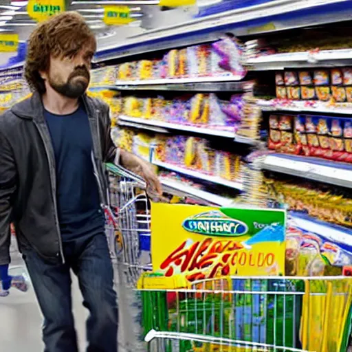 Prompt: film still of extremely tall peter dinklage shopping at walmart, shopping cart full of spaghetti
