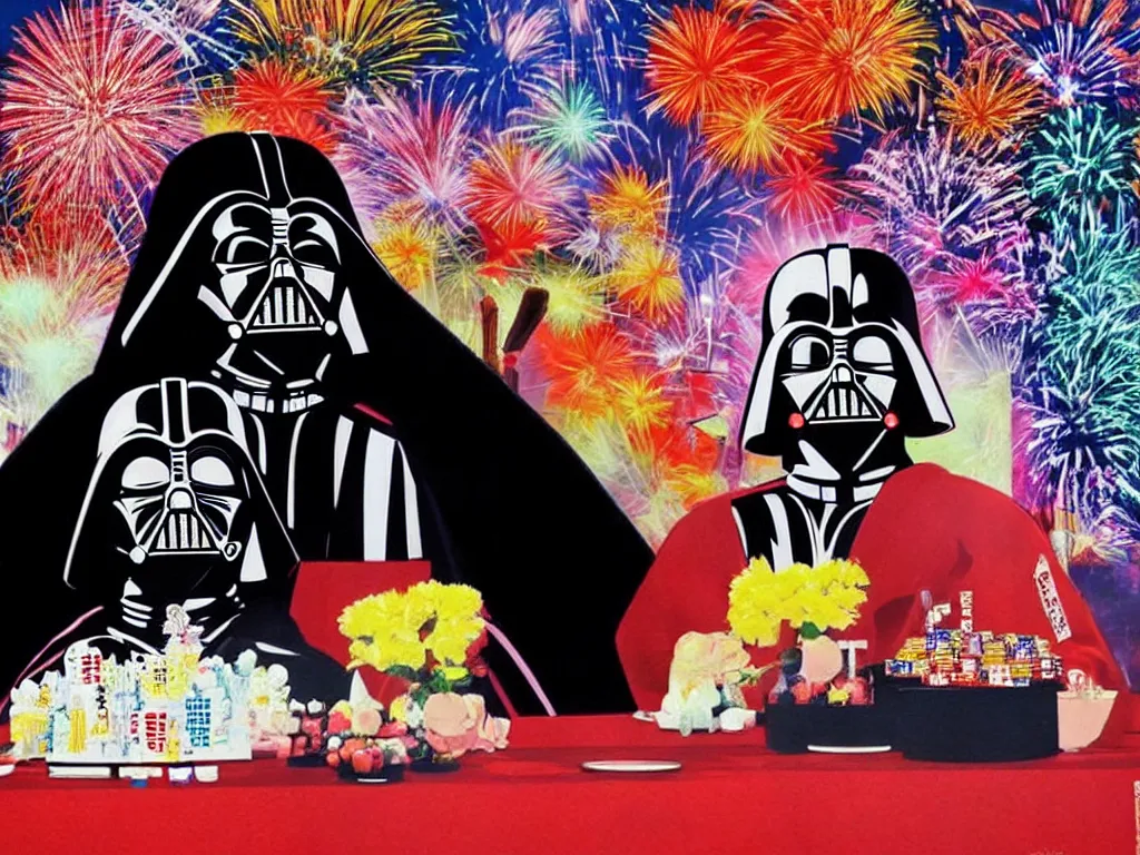 Image similar to hyperrealistic composition, in the middle the woman in a japanese kimono, behind her stands the darth vader, in front of her a table from the casino, in the background is ( ( mount fuji ) ) and fireworks, pop - art style, jacky tsai style, andy warhol style, acrylic on canvas