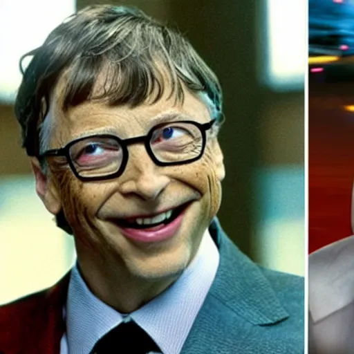 Prompt: bill gates as the joker from batman in an action scene in fast & furious, action shot from the movie fast & furious, bill gates as the joker villain drifting