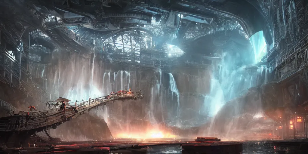 Image similar to alien spacecraft hovering over beautiful pool waterfalls surrounded by alien robots, steel archways with sparks flying off, industrial buildings, rusty metal towers, sun setting, ross tran, fantasy, james jean, peter morbacher, angelarium, alchemy, luxury, heavenly light, soft illumination, trending on artstation, cinematic lighting, digital painting, octane render