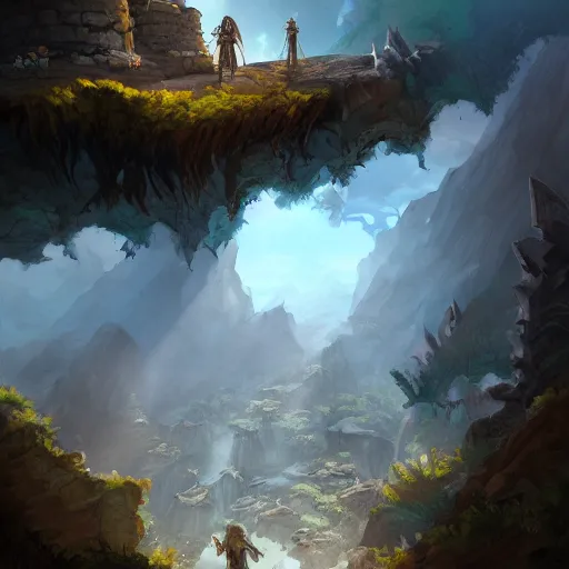 Prompt: dnd adventurers hiding below a cliff, sunny, fantasy art, concept art, digital art, epic, 4 k