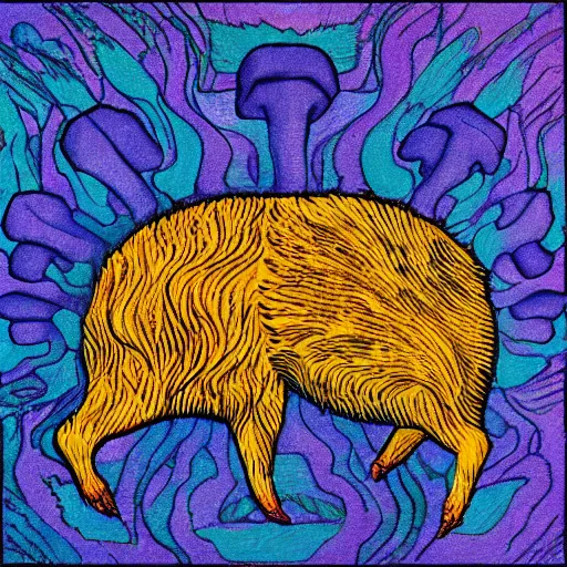 Image similar to art of symmetrical wild boar with mushrooms on face, in the style of moebius and studio ghibli and vincent van gogh
