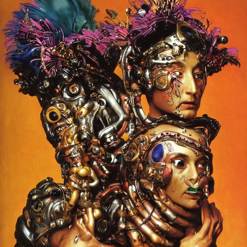 Prompt: a baroque close - up portrait of a fantasy alien cyborg shaman god wearing facepaint and a colorful futuristic aztec visor with metallic floral technology, holding a bird. black background. studio lighting. highly detailed science fiction fantasy painting by norman rockwell, moebius, frank frazetta, syd mead, and sandro botticelli. high contrast. renaissance masterpiece. artstation.