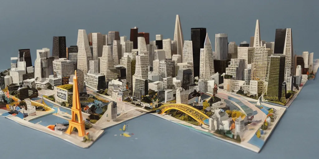 Prompt: paper craft diorama of the city of San Francisco origami