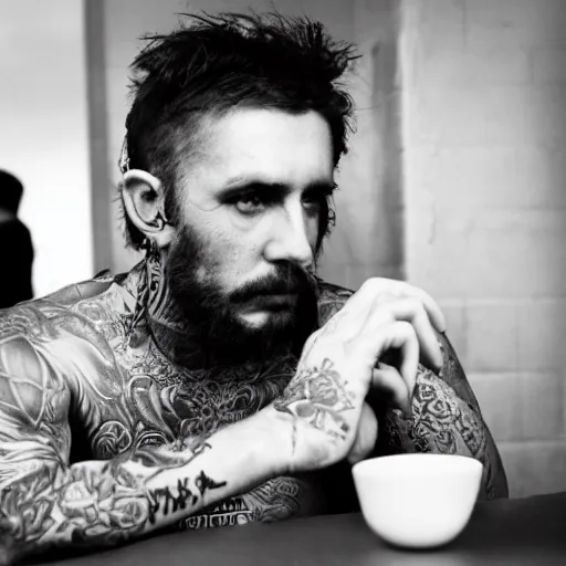 Image similar to black and white press photograph, highly detailed portrait of a depressed tattooed middle age man drug dealer sitting by the table, detailed face looking into camera, eye contact, natural light, mist, fashion photography, film grain, soft vignette, sigma 85mm f/1.4 1/10 sec shutter, Darren Aronofsky film still promotional image, IMAX 70mm footage