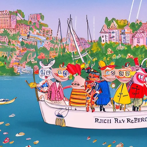 Image similar to rich people and poor people have a boat party, high resolution artistic photograph, bokeh, 4 k, majestic, by vogue magazine, by richard scarry and quentin blake