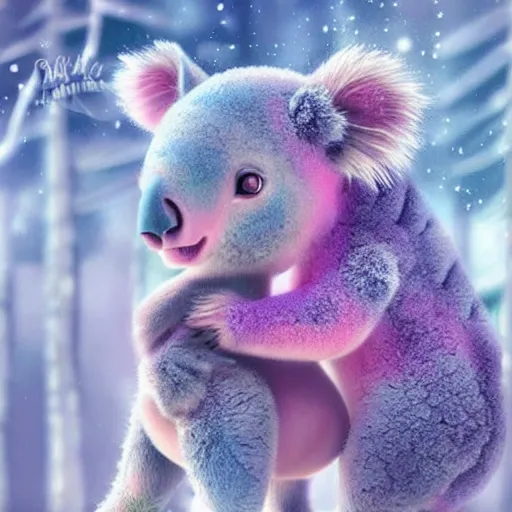 Image similar to pink and blue unicorn, koala riding on unicorn's back, koala stretches arms wide, hyper realistic style, winter forest with snow, dramatic lighting, one large yellow flower, 4k