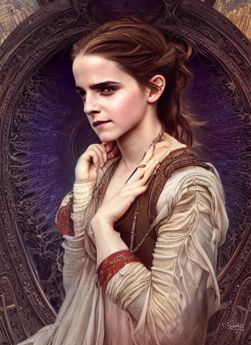 Prompt: Emma Watson as Driada, detailed photograph intricate insanely detailed octane render, 8k artistic photography, photorealistic, full body shot, cute, fantasy, intricate, elegant, highly detailed, digital painting, 4k, HDR, concept art, smooth, sharp focus, illustration, art by alphonse mucha,artgerm, H R Giger