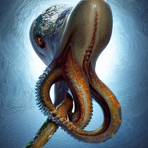 Image similar to hyperrealistic mixed media image of a cephalopod, stunning 3 d render inspired art by xiang duan and thomas eakes, perfect symmetry, realistic, highly detailed attributes and atmosphere, dim volumetric cinematic lighting, 8 k octane extremely hyper - detailed render, post - processing, masterpiece,