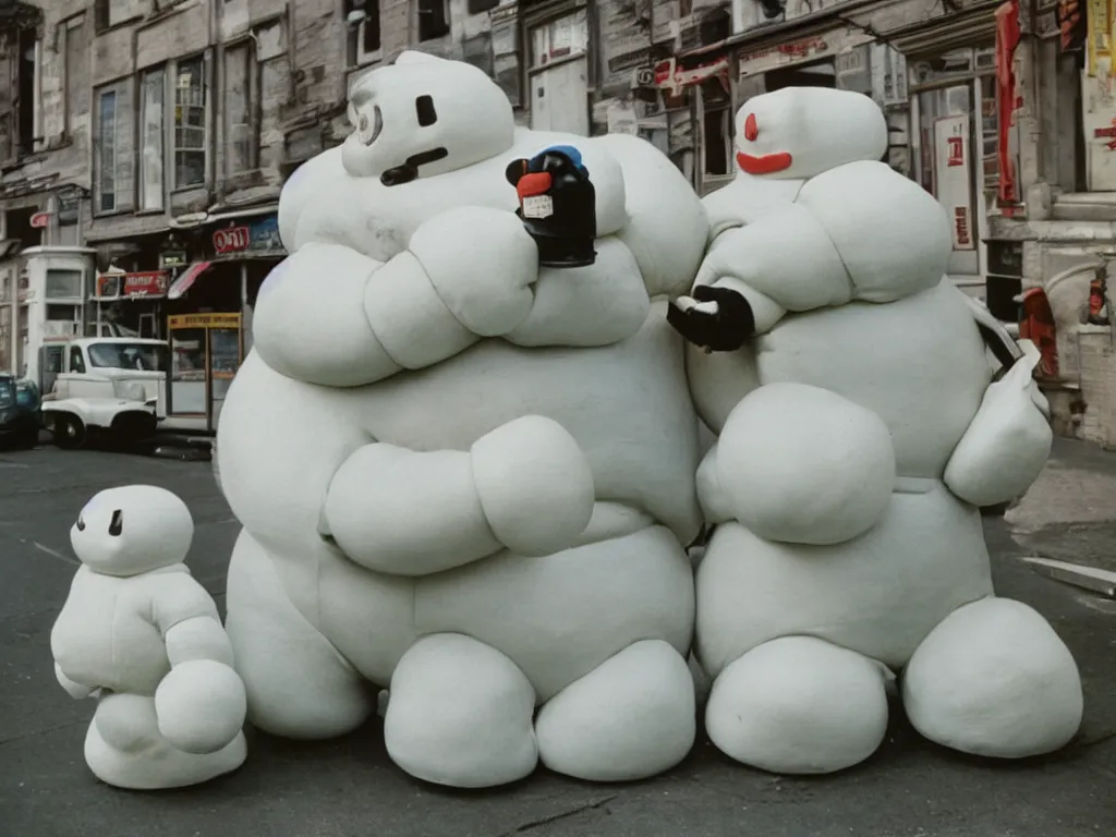 Prompt: 3 5 mm kodachrome colour photography of michelin man and stay - puft marshmallow man kissing each other, just they in love, no more characters, two characters taken by harry gruyaert