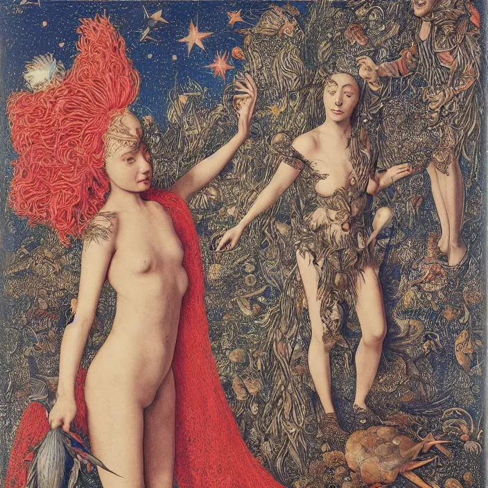 Prompt: a wide landscape with a tattood alien girl with fish scales and feathers changing into a plant while the stars shine above like flower by jan van eyck, ernst fuchs, nicholas kalmakoff, joep hommerson, character, full body, catsuit, max ernst, hans holbein, lace