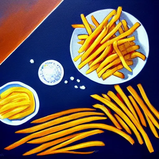 Image similar to realistic painting of french fries with sea salt high - quality trending on art station