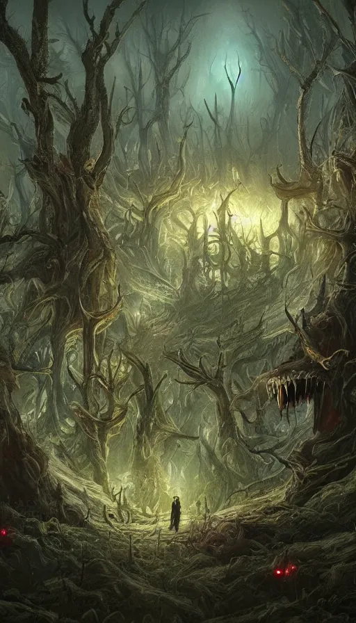 Image similar to a storm vortex made of many demonic eyes and teeth over a forest, by disney concept artists