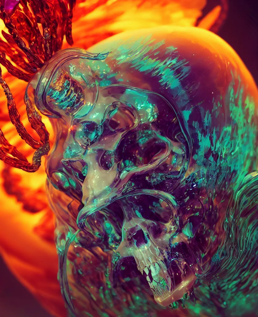 Image similar to goddess close-up portrait animal skull. jellyfish phoenix head, nautilus, orchid, skull, betta fish, bioluminiscent creatures, intricate artwork by Tooth Wu and wlop and beeple. octane render, trending on artstation, greg rutkowski very coherent symmetrical artwork. cinematic, hyper realism, high detail, octane render, 8k