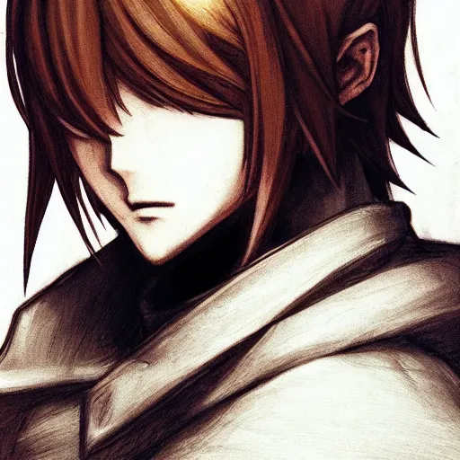 Prompt: portrait of light yagami, drawn by akihiko yoshida, in the style of bravely default ii, fantasy themed, highly detailed, sharp focus, dynamic posing, trending on artstation,