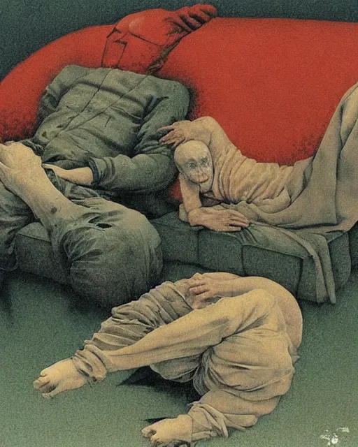 Image similar to early color photo of an old dead couple sitting on a couch in an old soviet apartment and looking at the scared enlightened boy flying up in sky, Beksinski impasto painting, part by Adrian Ghenie and Gerhard Richter. art by Takato Yamamoto, masterpiece