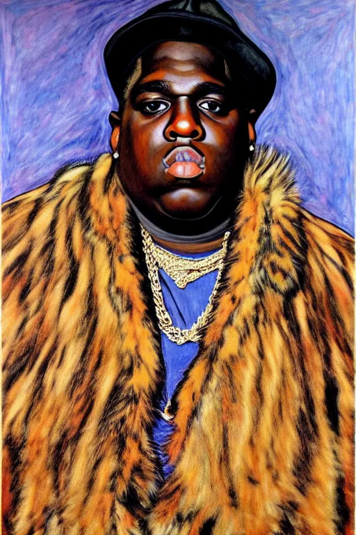 Image similar to full body!! a portrait of biggie smalls aka notorious b. i. g. wearing boho - chic style clothes, with a fur muffler and feathers, realistic painting in egon schiele style, masterpiece, hyperdetailed, complex, intricate, 4 k, hyperrealistic, trending on artstation