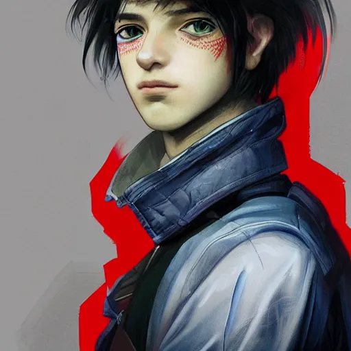 Image similar to teenager boy with straight indigo hair, purple eyes with red eye markers, slim body, wearing japanese combat clothes, black and red details. modern, realistic, looking at the camera, enjoying life!!! elegant, highly detailed, digital painting, artstation, concept art, matte, sharp focus, illustration, art by artgerm and greg rutkowski and alphonse mucha