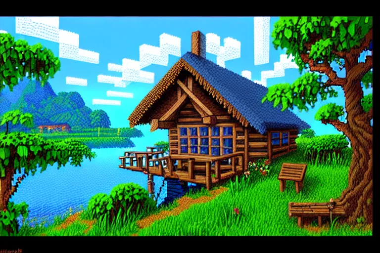 Image similar to view of a cottage above an azure lake, beautiful detailed pixelart by albertov in the style of quest for glory remake, intricate details, beautifully dithered gradients, volumetric lighting, cgsociety, artstation, 2 d