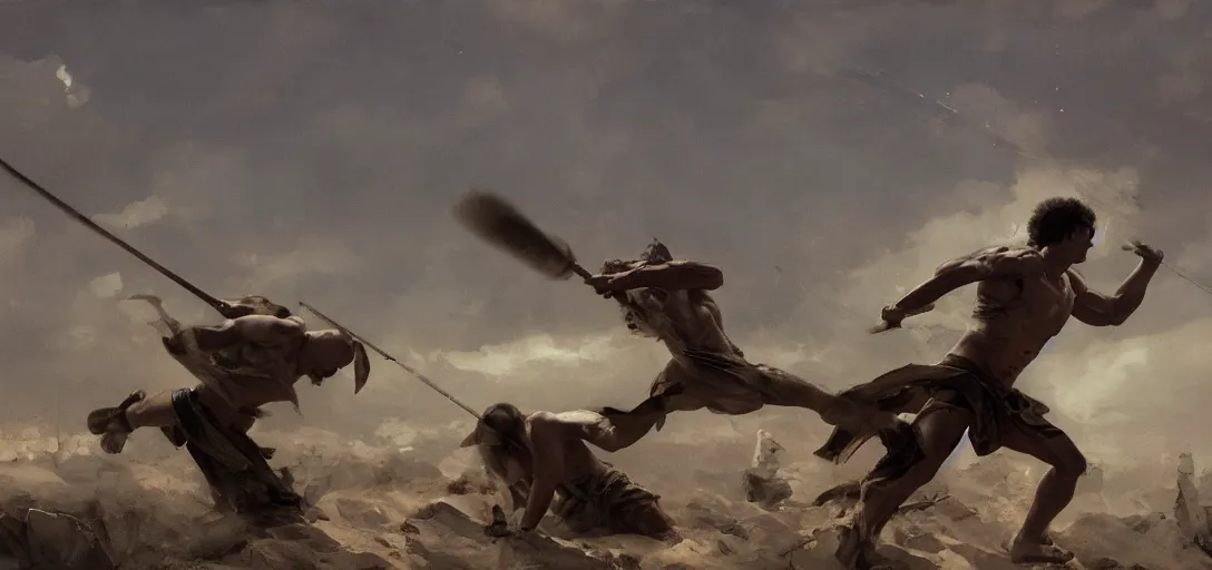 Image similar to Throwing a javelin into the back of a friend, spartan, wide shot, small scale, intimate moment, octane render, 8k, by Greg Rutkowski Ilya Repin Greg Duran