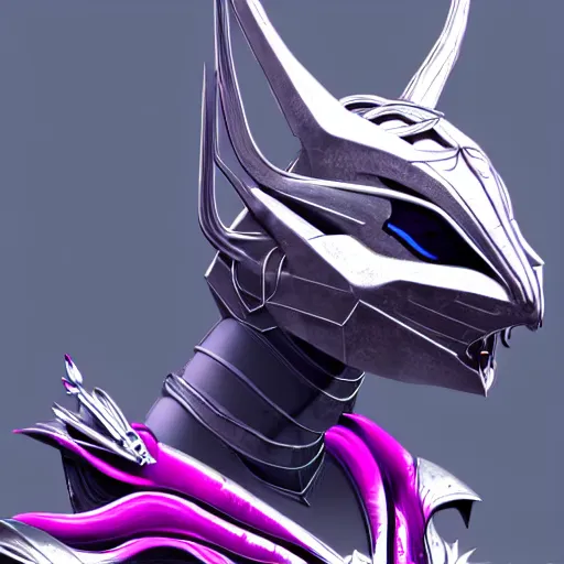 Image similar to extremely detailed bust shot of a goddess that's a giant beautiful stunning anthropomorphic robot female dragon, standing majestically over mountains, elegant pose, streamlined shiny silver metal armor, fuchsia skin below the armor, sharp metal claws, long elegant tail, detailed warframe fanart, high quality digital art, giantess art, furry art, warframe art, furaffinity, DeviantArt, 8k HD, octane render