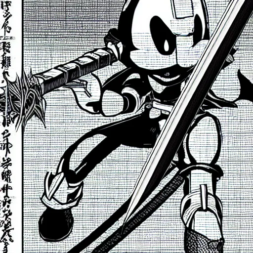 Image similar to hyper metal sonic pointing a katana sword at super mario, in a highly detailed manga style illustration, dark, cyberpunk, dystopian