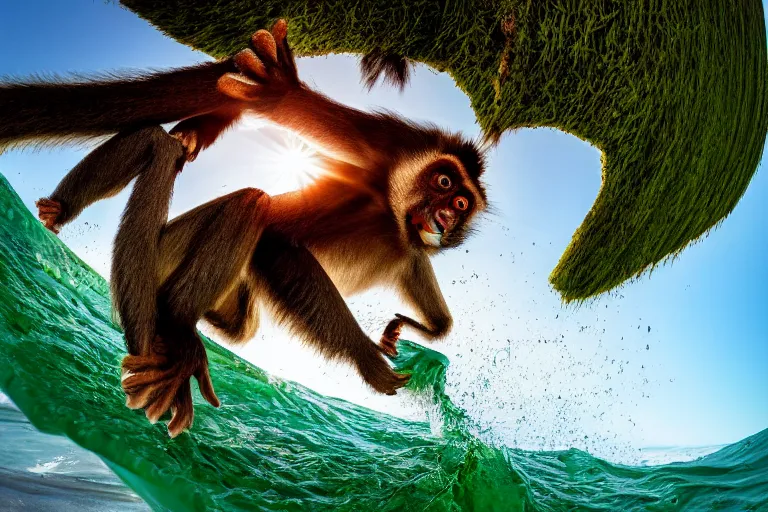 Image similar to monkey surfing on a green sea wave, comicbook, natural lighting, wide angle lens, baby blue color, dof