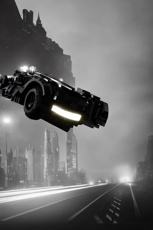 Image similar to the lego batmobile driving through gotham city at night. fluorescent light. pov from behind the wheel. octane render. 8 k. monochrome. black and white. mist. atmospheric. cinematic. hdr, raytracing, global illumination. a matte painting by ash thorp.