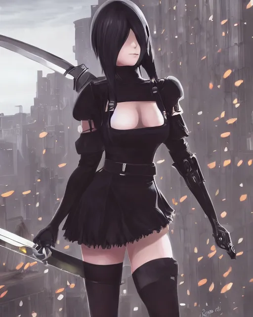 Image similar to 2B from Nier Automata and with slender body type with long hair standing in front of a large building holding a sword, cartoon illustration, trending in artstation, artstationHD, artstationHQ, 8k