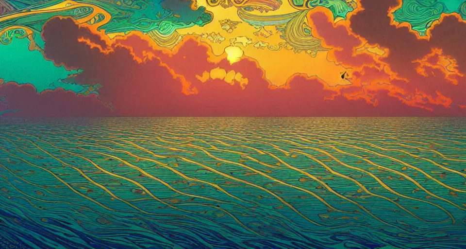Prompt: [ palate ] [ muted colors ] psychedelic ocean waves, cruise ship 🛳 on the ocean, paisley swirls and ripples, backlit, nebulous sunset, refracted lighting, outdoors, paisley clouds in the sky, elegant, 8 k resolution, intricate and fine details, digital painting, artstation, illustration, greg rutkowski, alphonse mucha