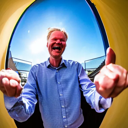 Image similar to erling haaland laughing and pointing towards the camera, fisheye, wide angle lense,