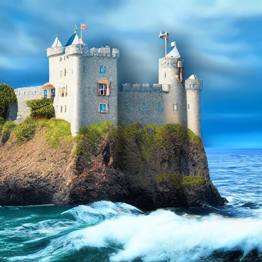 Image similar to photorealistic photograph of a castle with the ocean behind by suzi eszterhas, photorealism, photorealistic, realism, real, highly detailed, ultra detailed, detailed, f / 2. 8 l canon ef is lens, canon eos - 1 d mark ii, wildlife photographer of the year, pulitzer prize for photography, 8 k