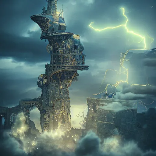 Image similar to a flying steampunk fortress, intricate, behrens style, octane render, fantasy digital art, beautiful composition, trending on artstation, night, meteors, lightning!!! storm, dramatic lighting,