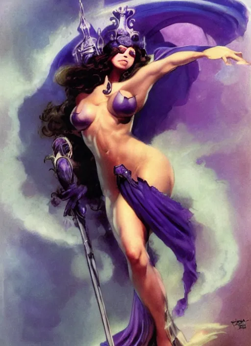 Prompt: portrait of mighty plump female sorceress, blue tiara, purple robe and veil, lightning halo, strong line, muted color, beautiful! coherent! by frank frazetta, by boris vallejo