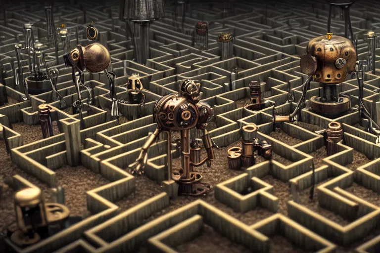 Image similar to steampunk robots in a maze by otto dix, tilt shift, ultra realistic, unreal engine, trending on artstation, 4 k