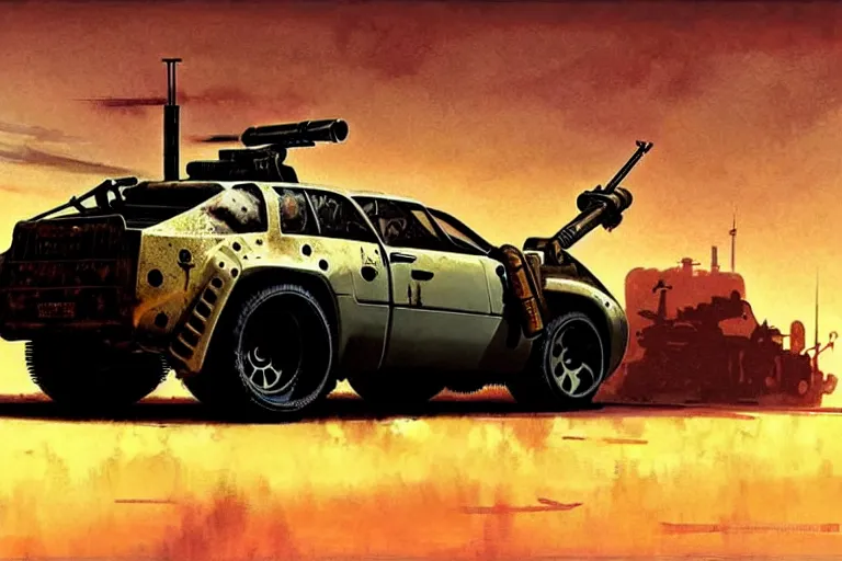 Image similar to dieselpunk mad max alpine a 3 1 0 with guns installed, painted by greg rutkowski makoto shinkai takashi takeuchi studio ghibli, akihiko yoshida